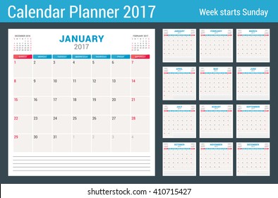 Calendar Planner for 2017 Year. Vector Design Template with Place for Notes. 3 Months on Page. Week Starts Sunday. Stationery Design. Set of 12 Months