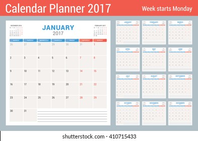 Calendar Planner for 2017 Year. Vector Design Template. Set of 12 Months. Week Starts Monday. Stationery Design