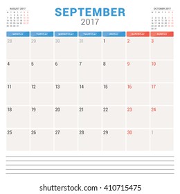 Calendar Planner for 2017 Year. Vector Design Template. September. Week Starts Monday. Stationery Design