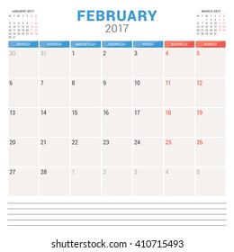 Calendar Planner for 2017 Year. Vector Design Template. February. Week Starts Monday. Stationery Design