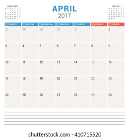 Calendar Planner for 2017 Year. Vector Design Template. April. Week Starts Monday. Stationery Design