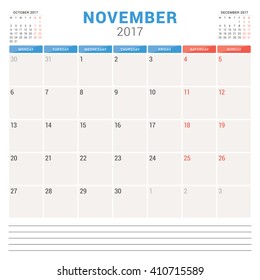 Calendar Planner for 2017 Year. Vector Design Template. November. Week Starts Monday. Stationery Design
