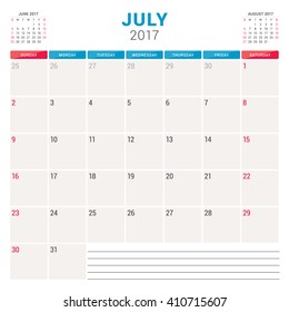 Calendar Planner for 2017 Year. Vector Design Template with Place for Notes. 3 Months on Page. Week Starts Sunday. Stationery Design. July 2017