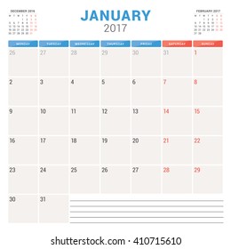 Calendar Planner for 2017 Year. Vector Design Template. January. Week Starts Monday. Stationery Design