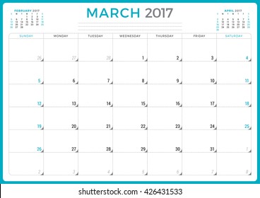 Calendar Planner for 2017 Year. Vector Design Template. March. Week Starts Sunday. 3 Months on Page. Stationery Design