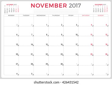 Calendar Planner for 2017 Year. Vector Design Template. November. Week Starts Monday. 3 Months on Page. Stationery Design