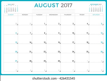 Calendar Planner for 2017 Year. Vector Design Template. August. Week Starts Sunday. 3 Months on Page. Stationery Design