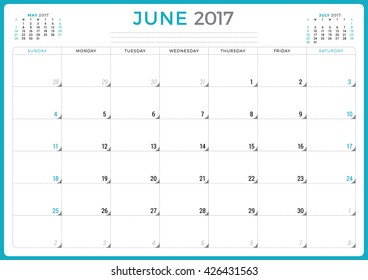 Calendar Planner for 2017 Year. Vector Design Template. June. Week Starts Sunday. 3 Months on Page. Stationery Design