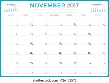 Calendar Planner for 2017 Year. Vector Design Template. November. Week Starts Sunday. 3 Months on Page. Stationery Design