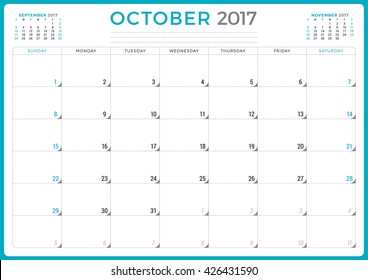 Calendar Planner for 2017 Year. Vector Design Template. October. Week Starts Sunday. 3 Months on Page. Stationery Design