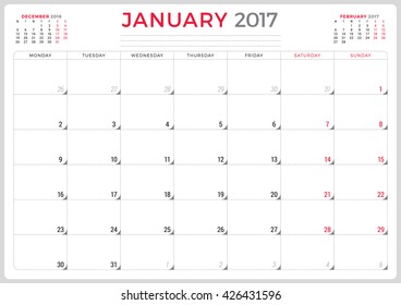 Calendar Planner for 2017 Year. Vector Design Template. January. Week Starts Monday. 3 Months on Page. Stationery Design