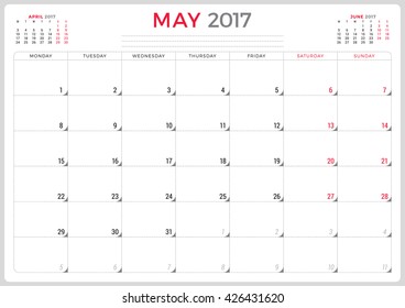 Calendar Planner for 2017 Year. Vector Design Template. May. Week Starts Monday. 3 Months on Page. Stationery Design