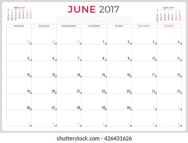 Calendar Planner for 2017 Year. Vector Design Template. June. Week Starts Monday. 3 Months on Page. Stationery Design