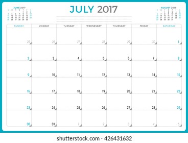 Calendar Planner for 2017 Year. Vector Design Template. July. Week Starts Sunday. 3 Months on Page. Stationery Design