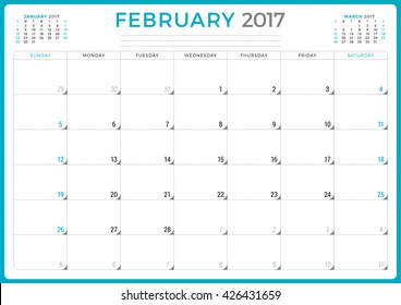 Calendar Planner for 2017 Year. Vector Design Template. February. Week Starts Sunday. 3 Months on Page. Stationery Design