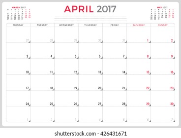 Calendar Planner for 2017 Year. Vector Design Template. April. Week Starts Monday. 3 Months on Page. Stationery Design