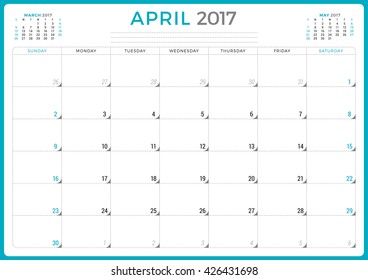 Calendar Planner for 2017 Year. Vector Design Template. April. Week Starts Sunday. 3 Months on Page. Stationery Design