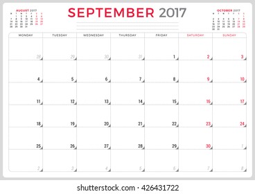 Calendar Planner for 2017 Year. Vector Design Template. September. Week Starts Monday. 3 Months on Page. Stationery Design