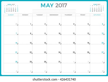 Calendar Planner for 2017 Year. Vector Design Template. May. Week Starts Sunday. 3 Months on Page. Stationery Design