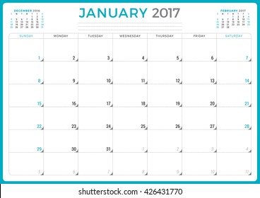 Calendar Planner for 2017 Year. Vector Design Template. January. Week Starts Sunday. 3 Months on Page. Stationery Design