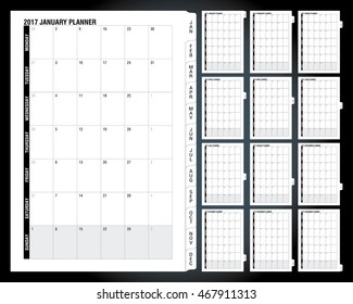 Calendar Planner for 2017 Year. Vector Design Print Template. Week Starts Monday. Set of 12 Months with monthly tag. Stationery Design element.