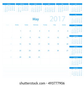 Calendar Planner for 2017 Year. Vector Design Template. May. Week Starts Sunday.