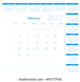 Calendar Planner for 2017 Year. Vector Design Template. February. Week Starts Sunday.