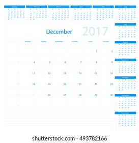 Calendar Planner for 2017 Year. Vector Design Template. December. Week Starts Sunday.