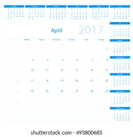 Calendar Planner for 2017 Year. Vector Design Template. April. Week Starts Sunday.