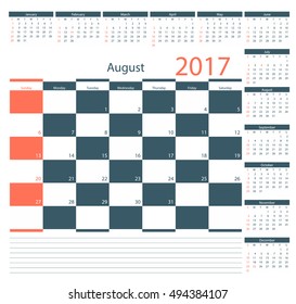 Calendar Planner for 2017 Year. Vector Design Template. August. Brick style. Week Starts Sunday.