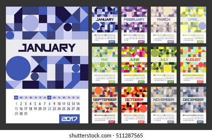 Calendar Planner for 2017 Year. Vector design template with place for notes. Week starts Sunday. A4. Vertical  orientation