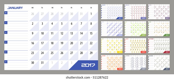 Calendar Planner for 2017 Year. Vector design template with place for notes. Week starts Monday. A4. Horizontal orientation