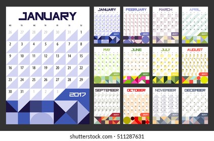 Calendar Planner for 2017 Year. Vector design template with place for notes. Week starts Monday. A4. Vertical  orientation