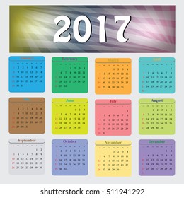 Calendar Planner for 2017 Year. Vector Design Template. Set of 12 Months. Week Starts Monday. Stationery Design