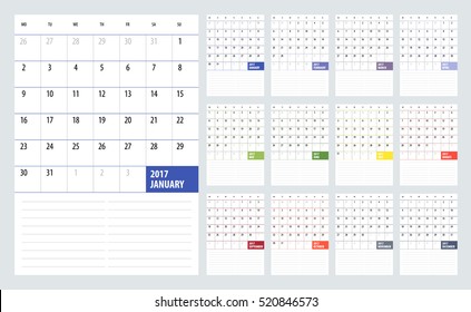 Calendar Planner for 2017 Year. Vector design template with place for notes. Week starts Monday. A4. Vertical orientation