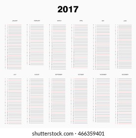 Calendar planner for 2017.Week starts from sunday.Vector illustration.