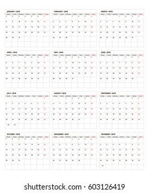 Calendar Planner 2018. Calendar grid with place for notes, 2018 calendar template.