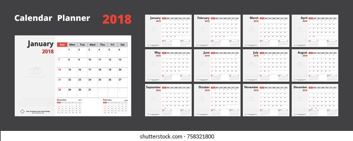 Calendar Planner for 2018. Simple calendar template. Week starts from Sunday.