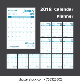 Calendar Planner for 2018. Simple calendar template. Week starts from Sunday.