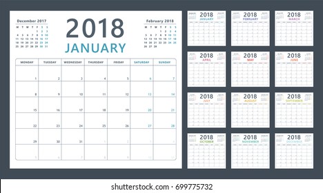 calendar planner for 2018 starts monday, vector calendar design 2018 year