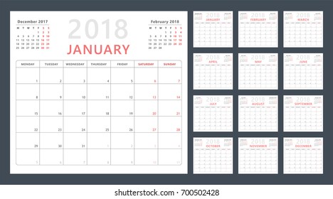 calendar planner for 2018 starts monday, vector calendar design 2018 year