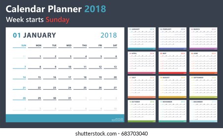 el planificador del calendario para 2018 empieza el domingo