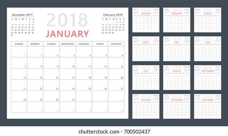 calendar planner for 2018 starts sunday, vector calendar design 2018 year