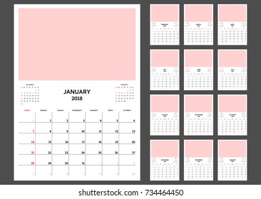 Calendar Planner for 2018. Week starts on Sunday. Template with place for photo.
