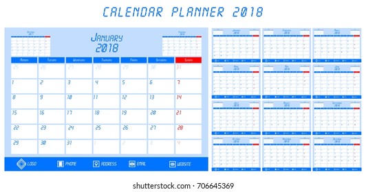calendar planner for 2018 in the white-blue-red colors and electronic styles