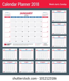 Calendar planner for 2018 year. Design print template. Week starts on Sunday. Stationery design. Set of 12 months