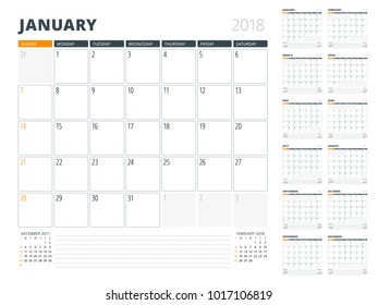 Calendar Planner for 2018 Year. Design Template. Week Starts on Sunday