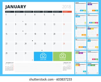 Calendar Planner for 2018 Year. Print Design Template. Week Starts on Monday. Vector Illustration. Stationery Design