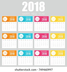 Calendar Planner for 2018 Year. Print Design Template. Week Starts on Monday. Vector Illustration. Stationery Design