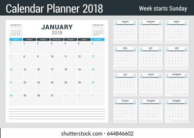 Calendar planner for 2018 year. Set of 12 months. Vector design template. Week starts on Sunday. Stationery design